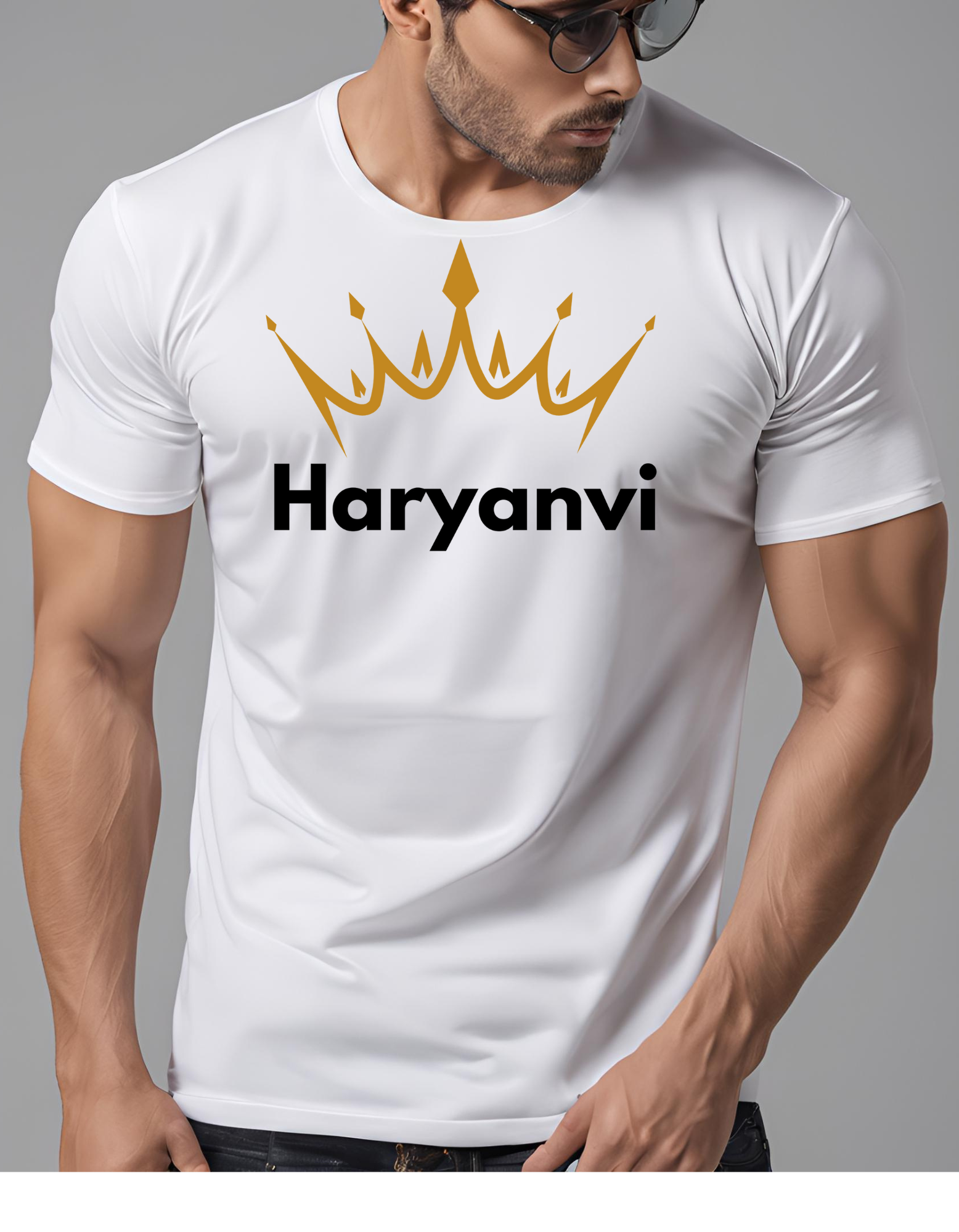 Haryanvi Crown Printed White Polyester T-Shirt – Premium Royal Style Dry Fit Tee for Men
